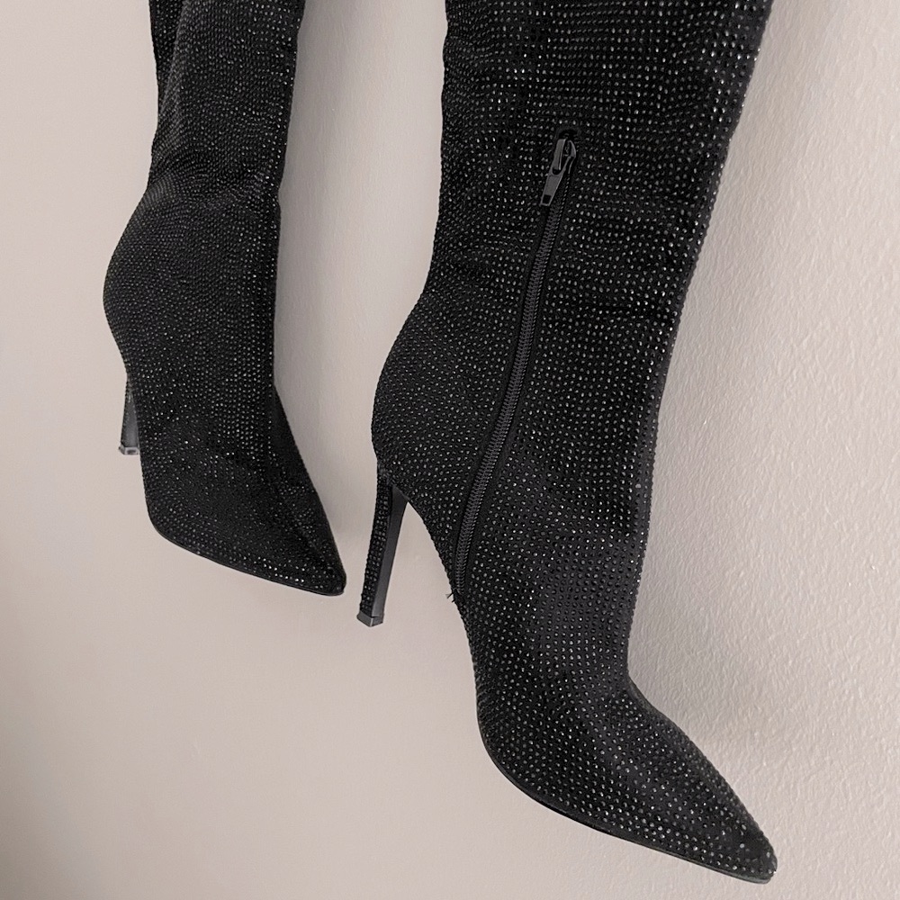 Nine West Black Sparkle Heeled Knee-High Boots - Picture 4 of 7